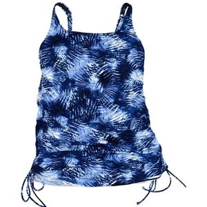 Lands End Tankini Swim Dress Women 14L Blue Palm Print EUC Ruched Side Tie